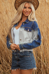 Veste courte en jean bleu patchwork à ourlet brut