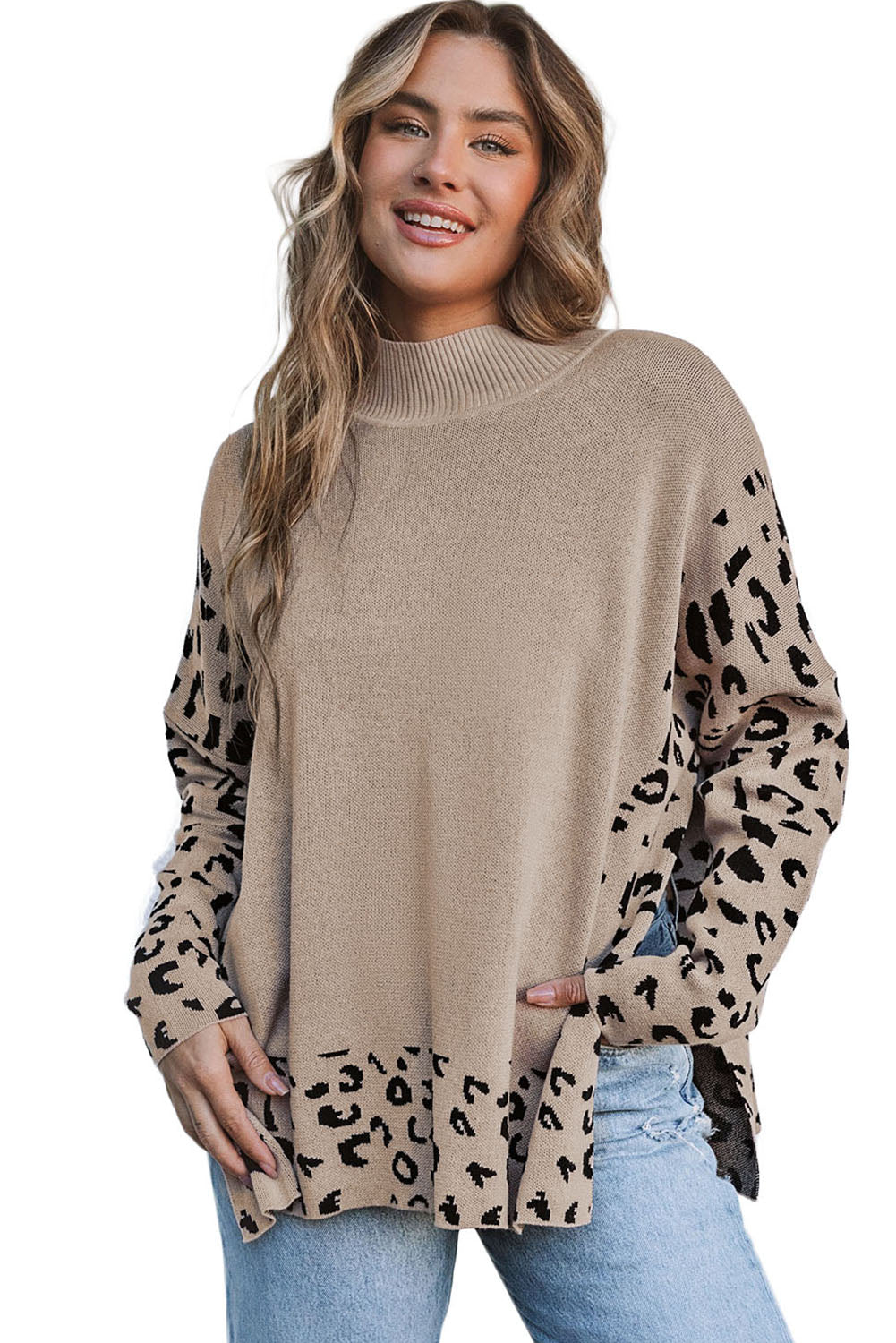 Sighi di oversize a fenditura con il collo alto Khaki Leopard