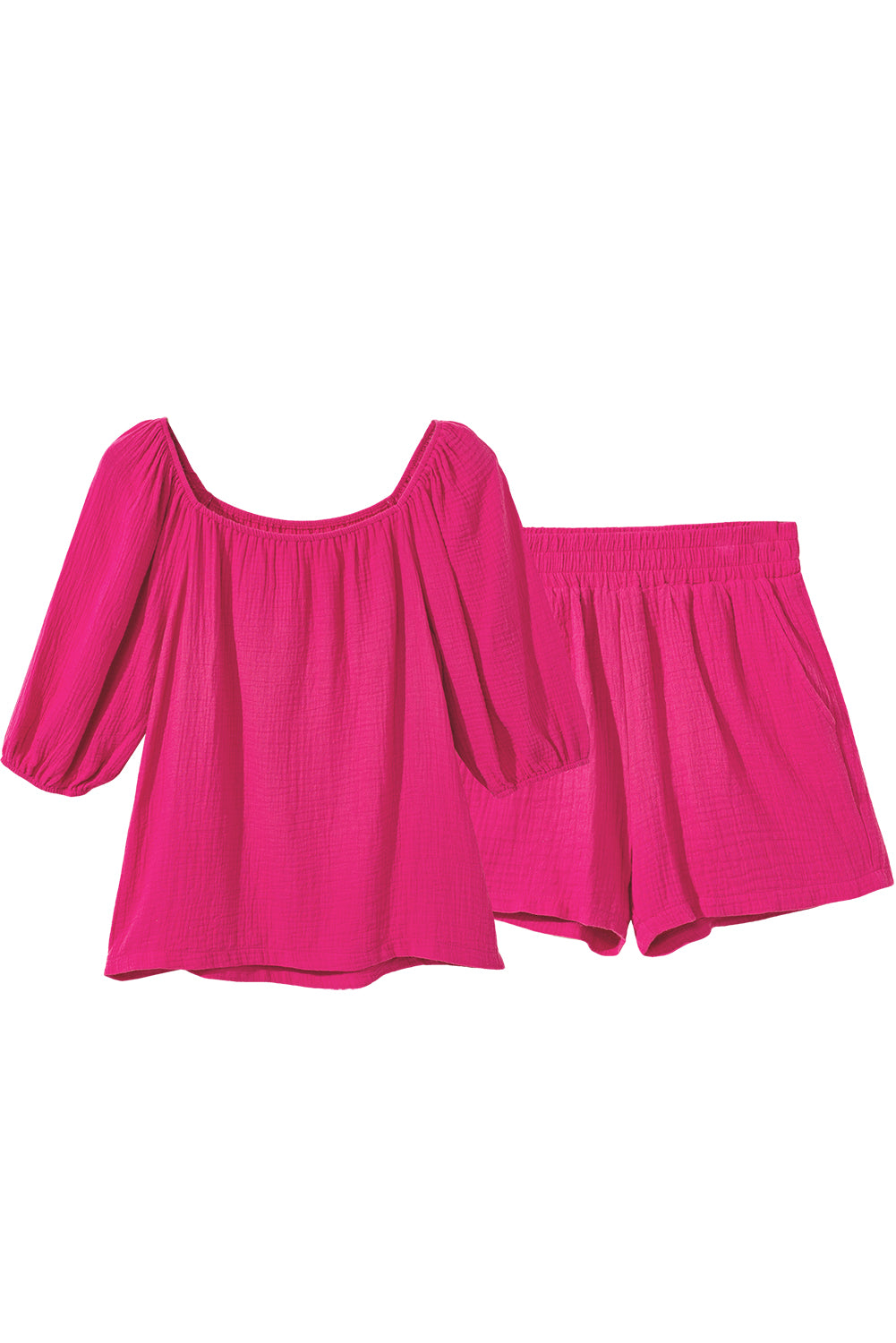 Hot Pink Textured Crinkle Puff Sleeve and Square Neck Shorts Set