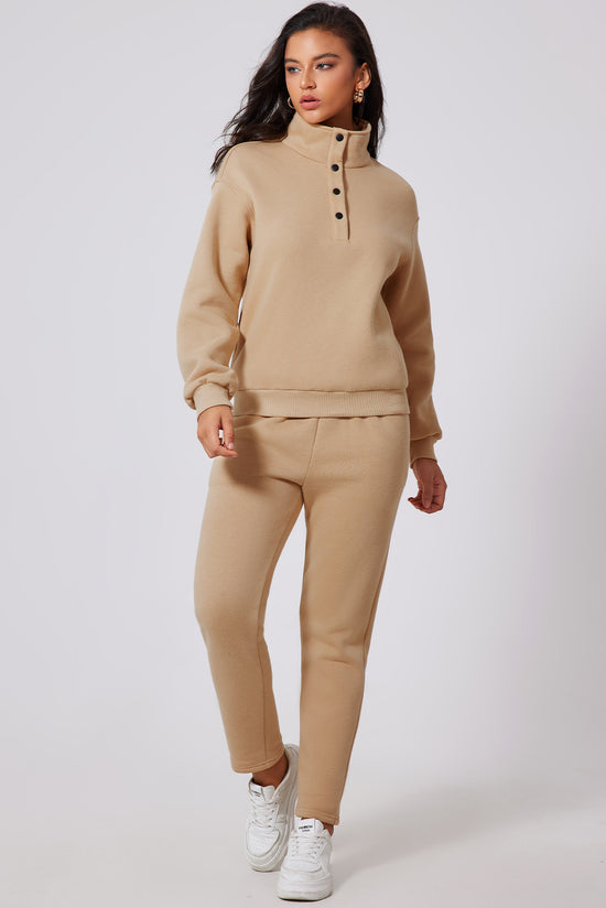 Ensemble sweat-shirt demi-bouton uni Parchment et pantalon de survêtement taille haute