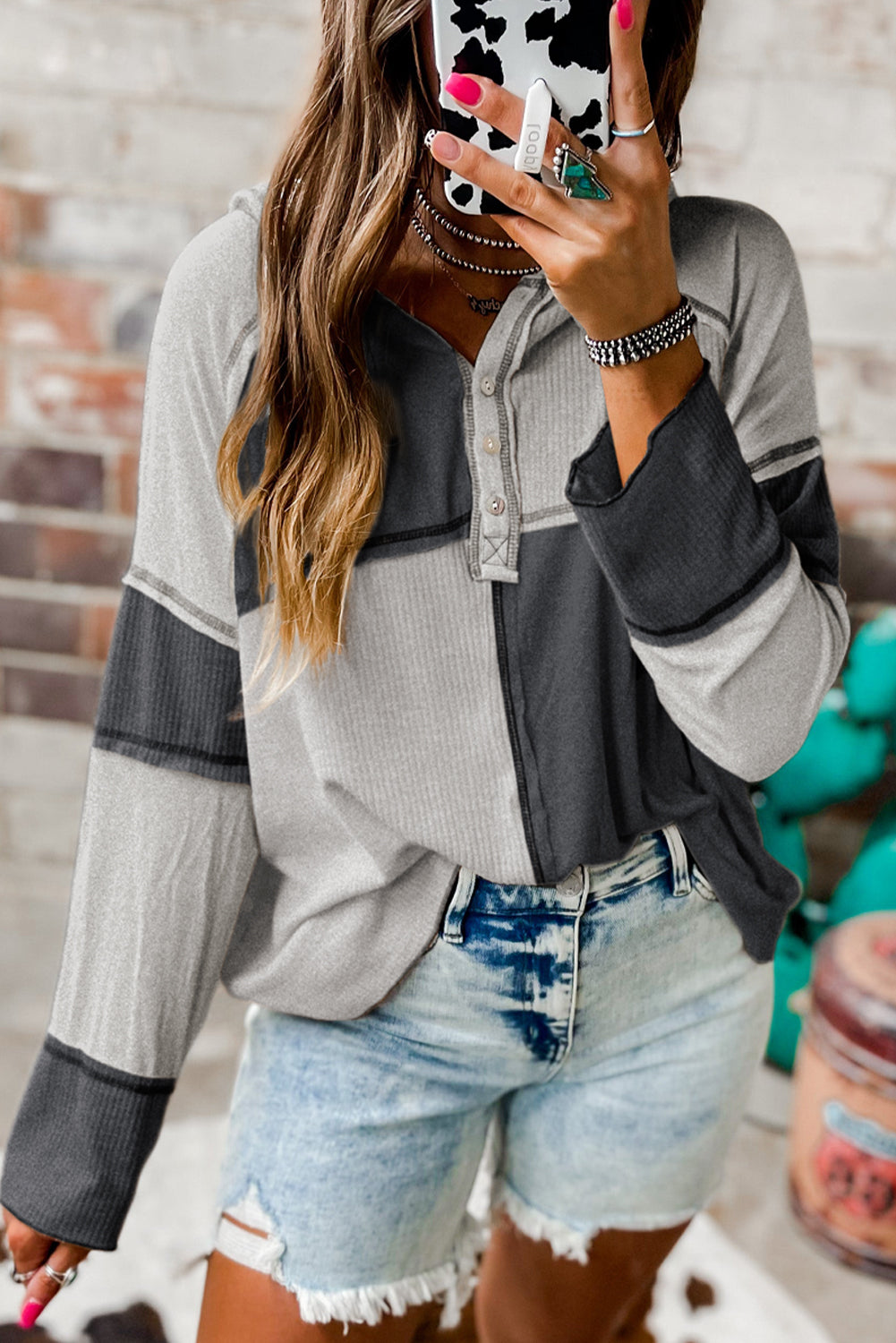 Colorblock gris Camiseta con sudadera con capucha de Henley