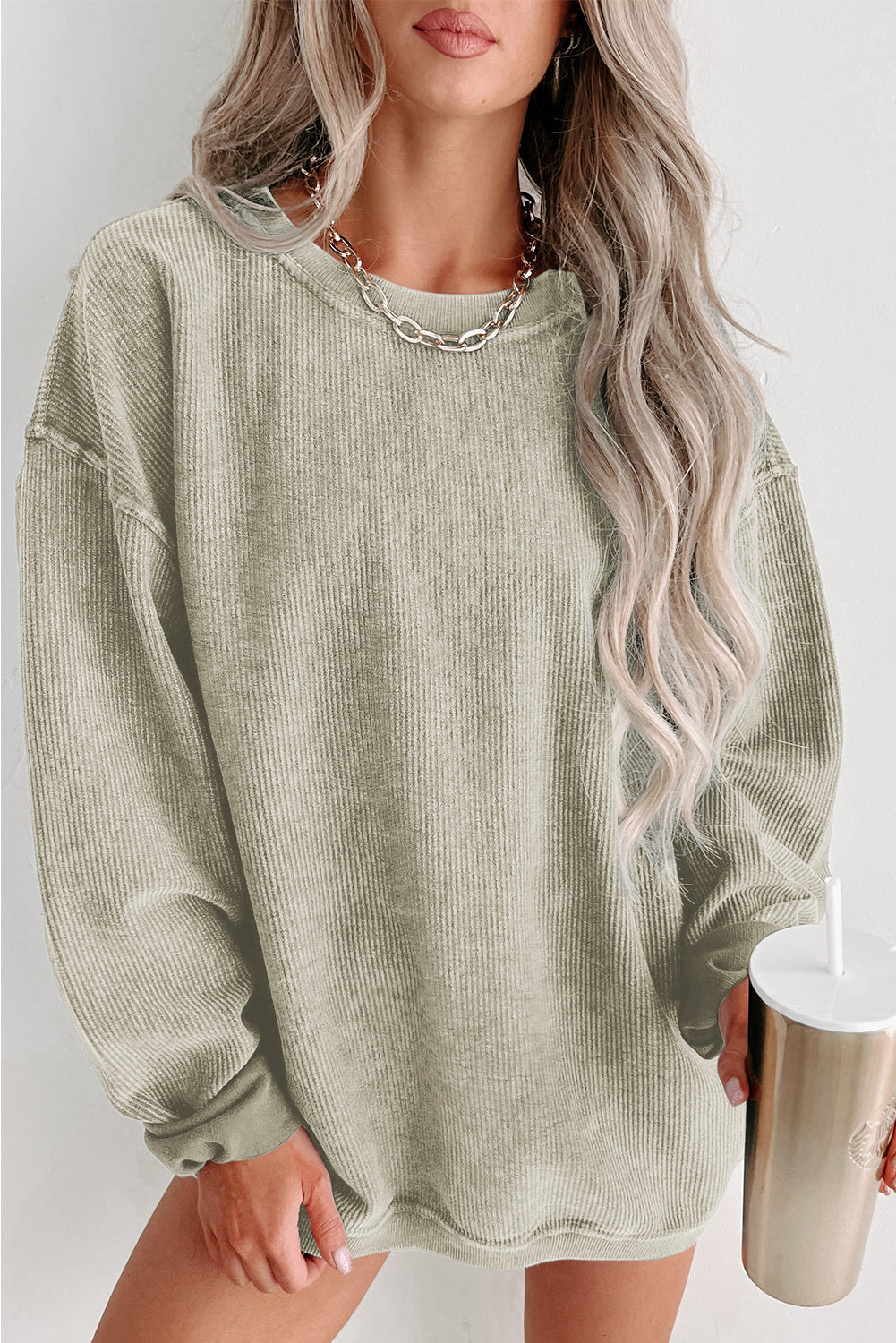 Grüne massiv gerippte Strickrunde Hals Pullover Sweatshirt