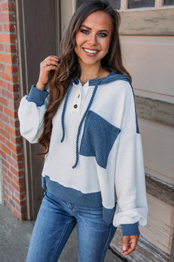 White drawstring hoodie with color block patch pocket