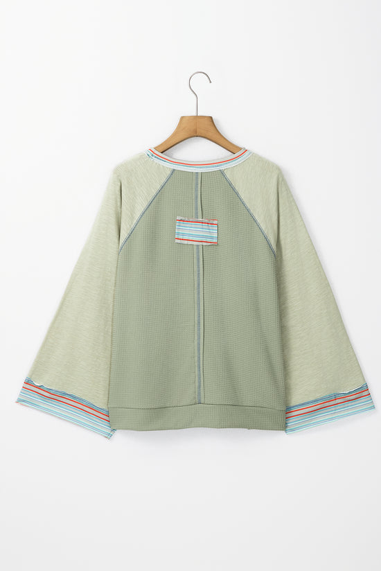 Meadow Mist Green Waffle Knit Wide Sleeve Patchwork Raglan Top