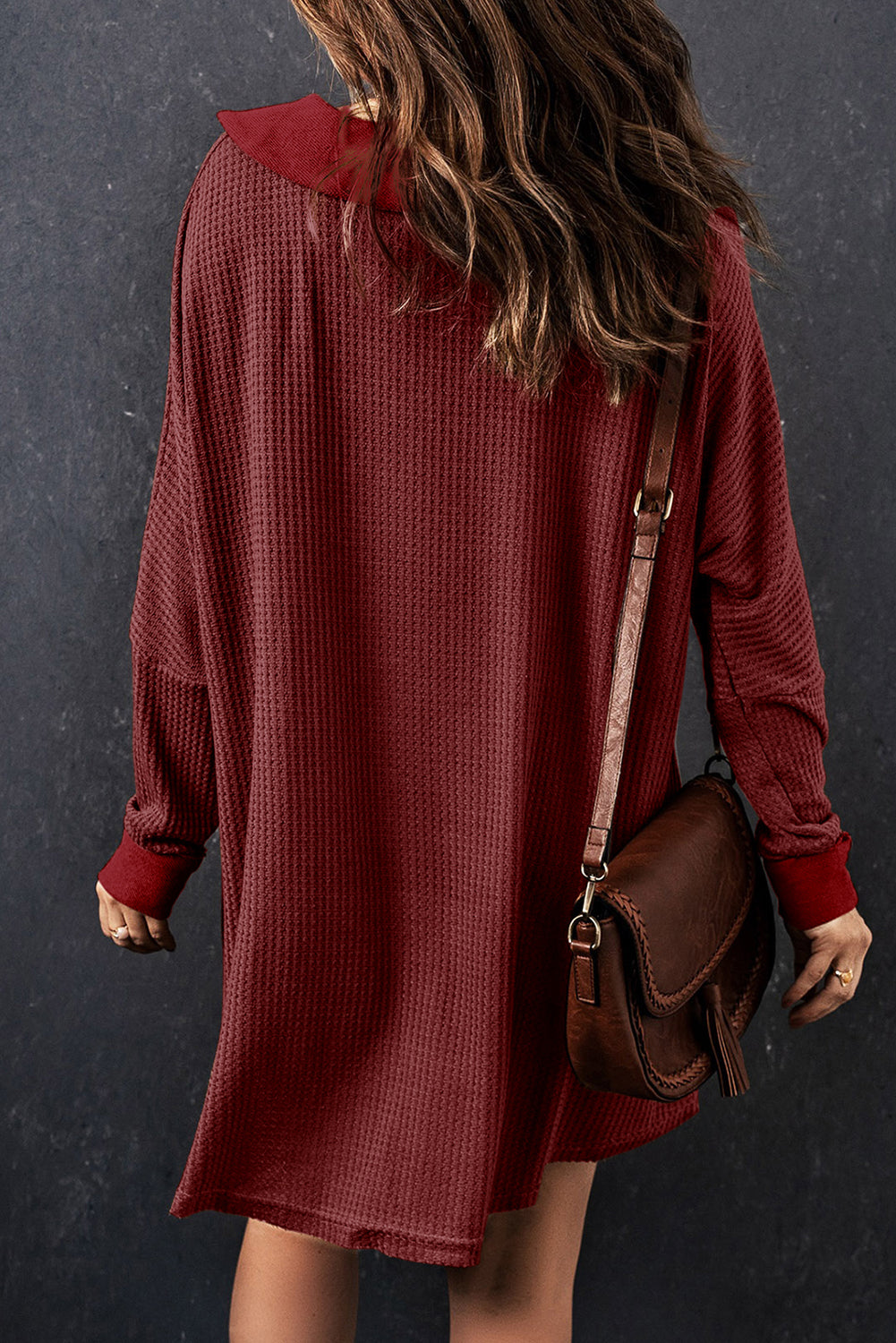 Red Waffel strickte Buttoned Long Sleeve Top