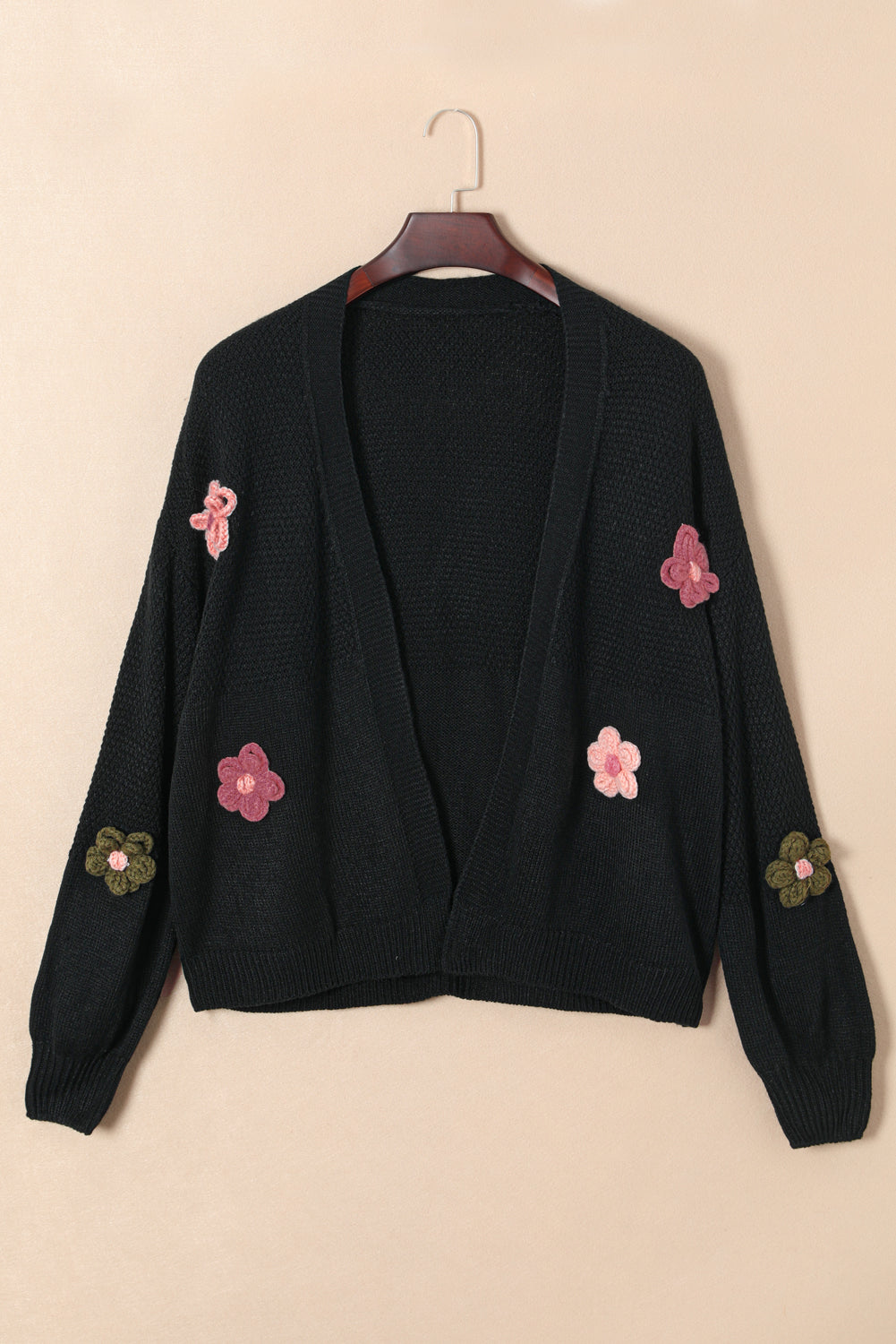 Black Floral Applique Drop Shoulder Bubble Sleeve Cardigan