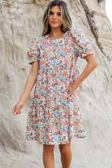 Mini-robe à manches courtes bouffantes à imprimé floral bohème abricot