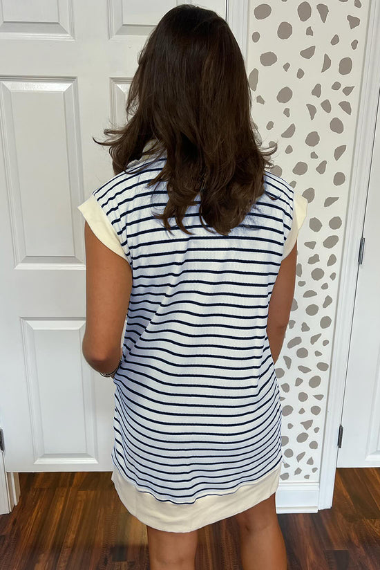 Blue striped mini dress with zip neck and short sleeves