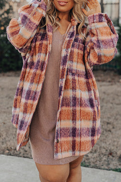 Veste Boutonnée à Col Imprimé à Carreaux Multicolore de Grande Taille