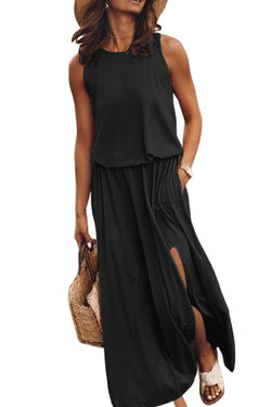 Solid black sleeveless long tunic dress with slit