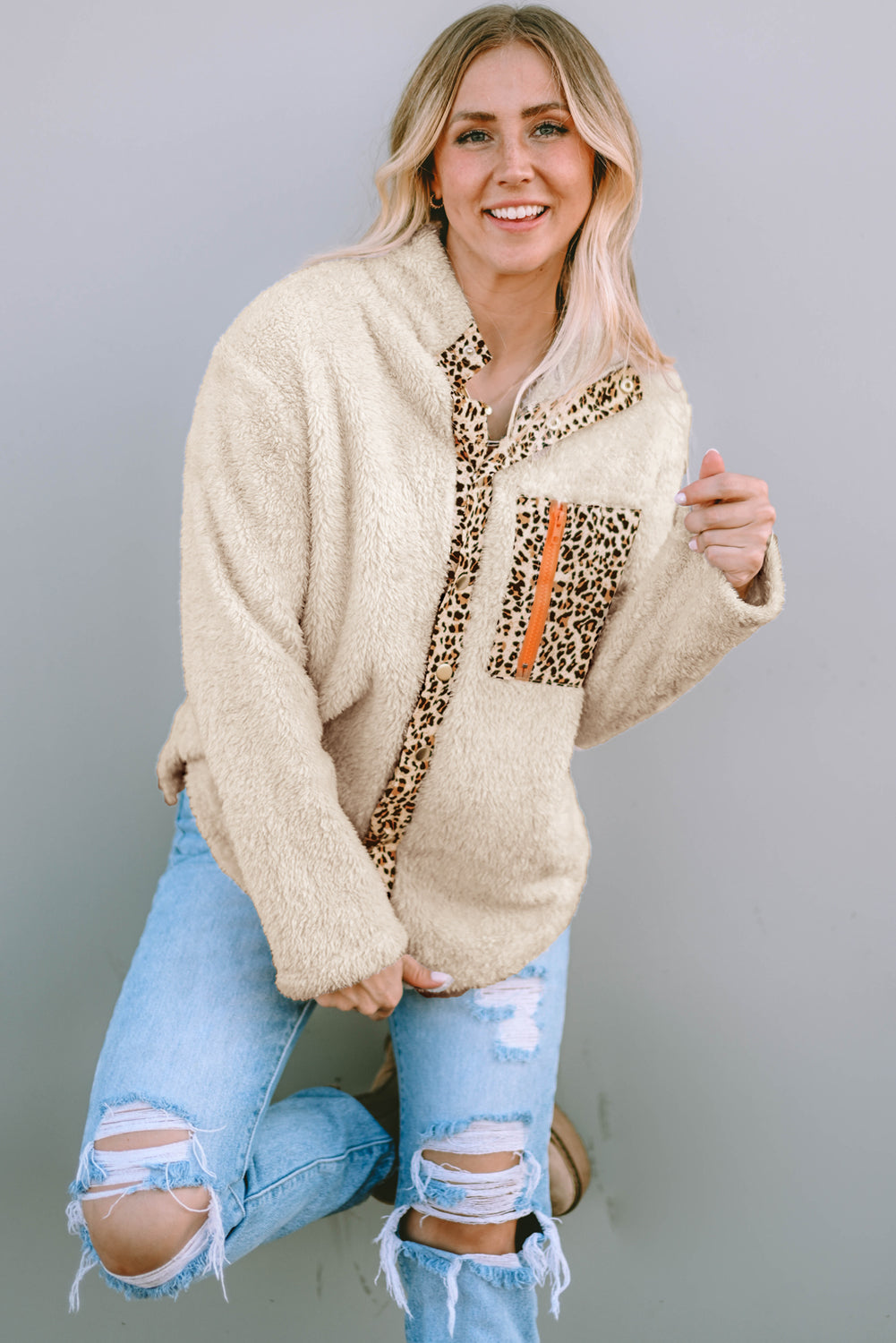 Abricot Leopard Patched Zippe Pocket Fleece Jacket