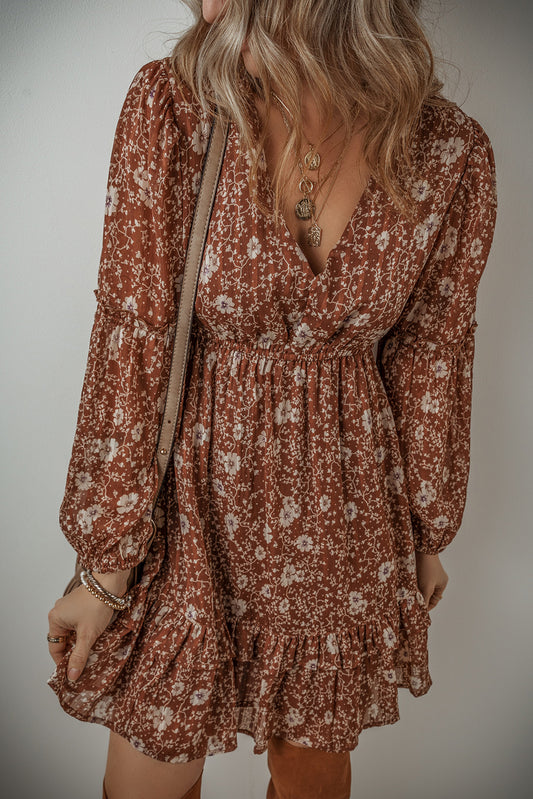 Brown V-Neck Ruffle Puff Sleeve Floral Boho Mini Dress