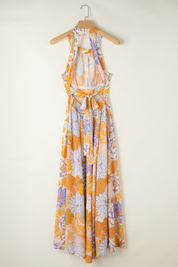 Long floral bohemian dress bare back with orange sleeveless laces