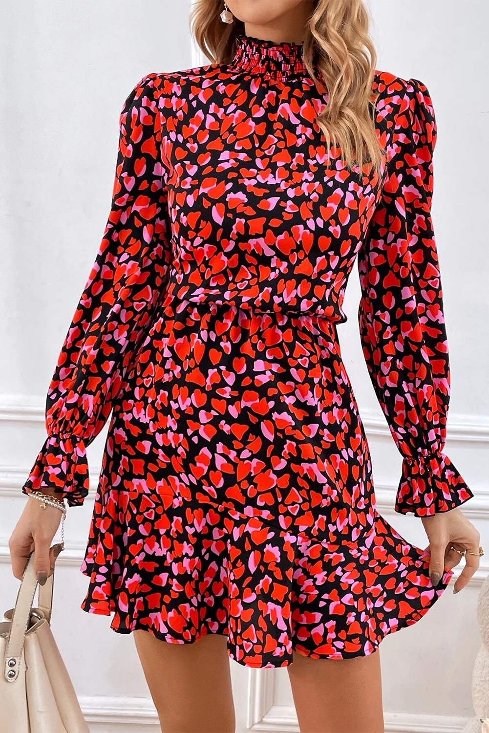 Red Valentines Day Heart Form Print Langarm Mini Kleid