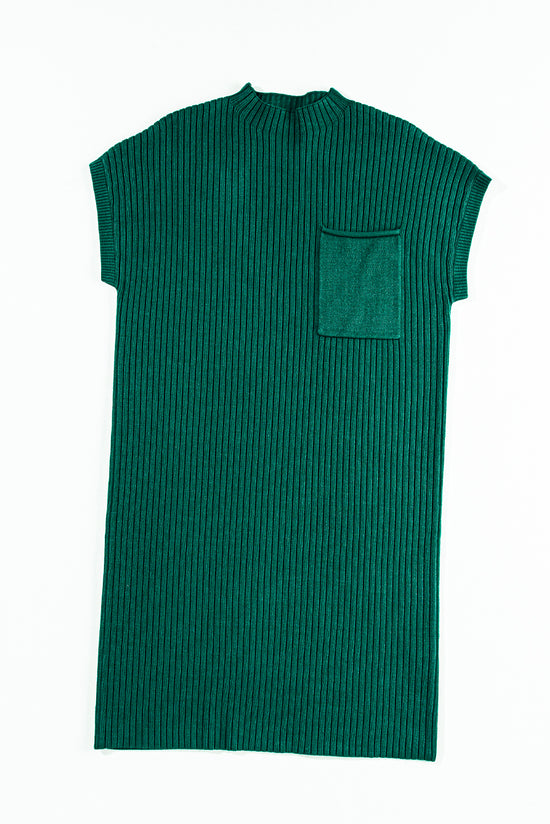 Robe pull à manches courtes en tricot côtelé avec poche plaquée vert noirâtre