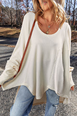 White Waffle Knit Oversized V-Neck Top with Seam Detail