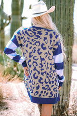 Cardigan ouvert sur le devant à imprimé léopard et manches à rayures bleu foncé avec poches-A WOMAN WE LOVE
