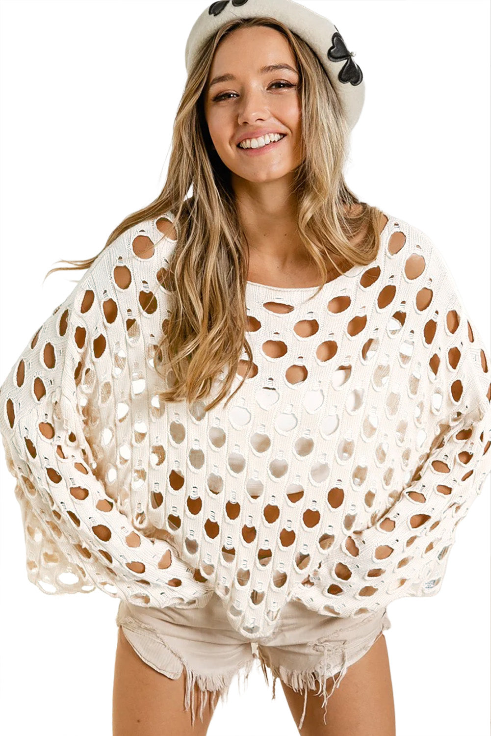 Pull en tricot à œillets creux beige