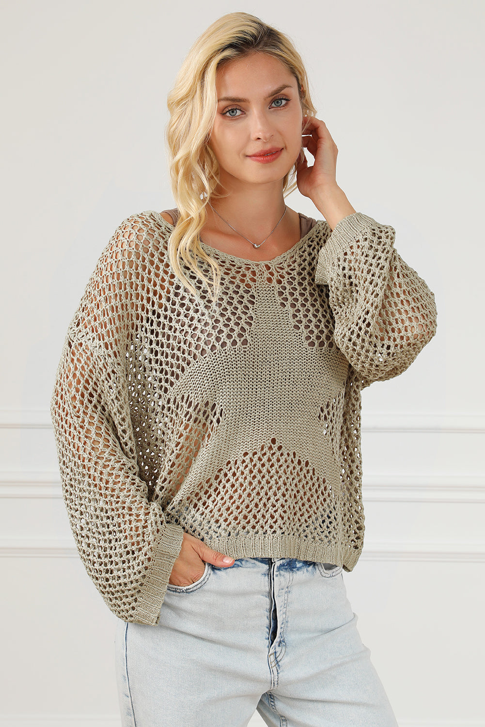 Light French Beige Star Pointelle Knit Loose Sweater