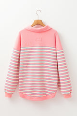 Pink striped high button and v * collar