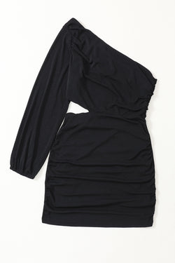 Black asymmetrical dress with a cut shoulder