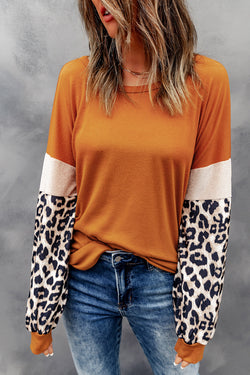 Brown long sleeve top with leopard sequin patchwork