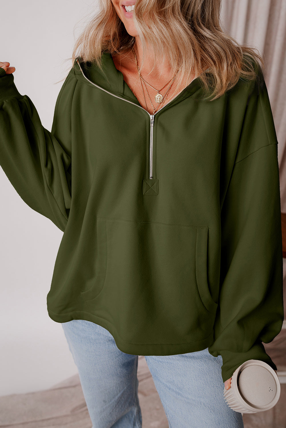 Moss Green Fleece ausgesäumt halb Reißverschluss Känguroo Taschen Loose Hoodie