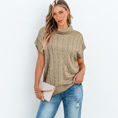 Rolled-collar sweater and bat handle in twisted French beige knitted