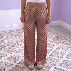 Pantalon ample marron à pois et taille élastiquée
