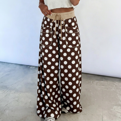 Pantalon large à pois, cordon et poches à détails boutonnés
