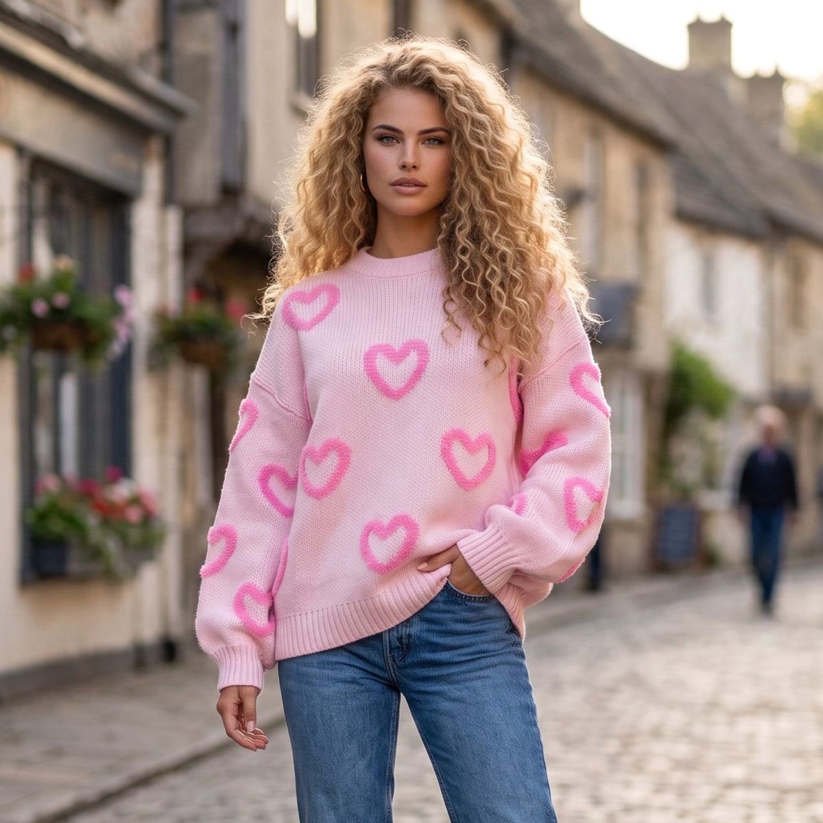Pull ample rose à motifs cœur et manches bouffantes