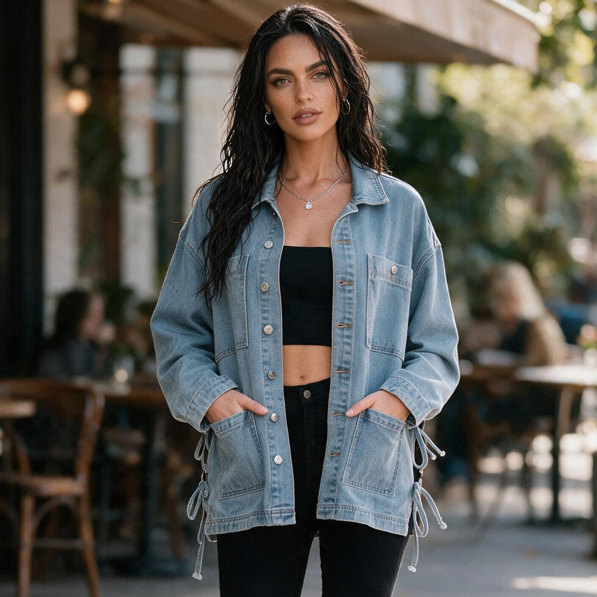 Veste en jean bleu délavé oversize à poches et liens latéraux