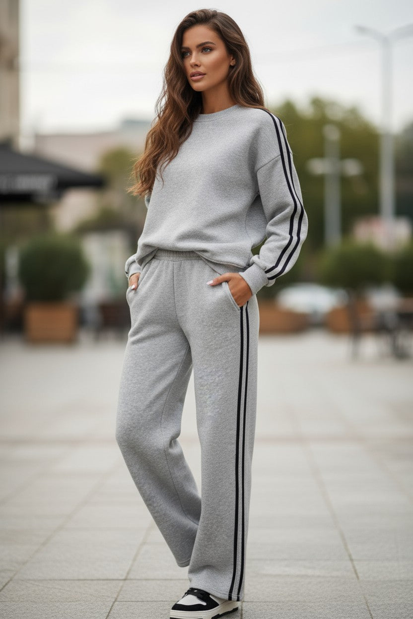 Ensemble actif de sweat-shirt à rayures latérales de couleur unie gris clair